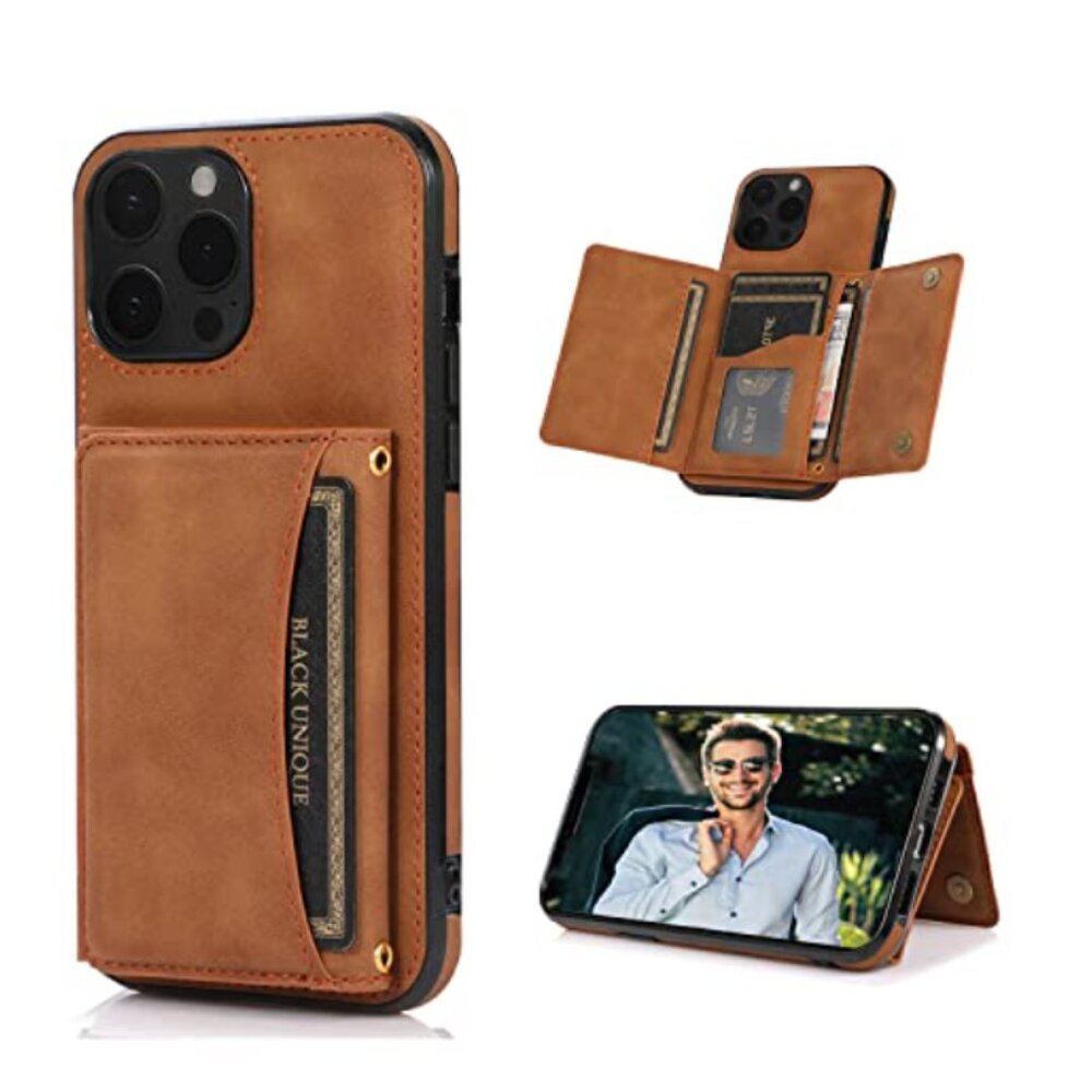 Luxury Wallet Case for iPhone 14 Pro – RFID Blocking, Card Holder & Stand